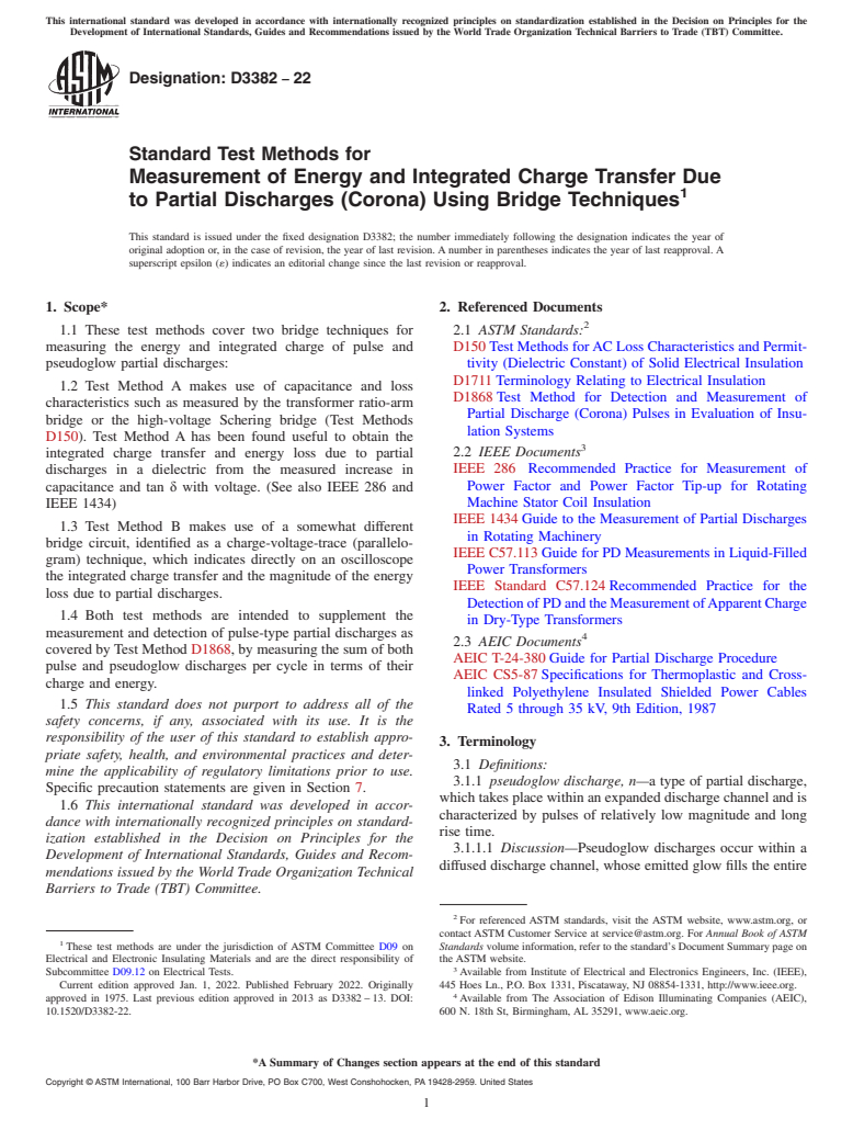 ASTM D3382-22 - Standard Test Methods for  Measurement of Energy and Integrated Charge Transfer Due to   Partial Discharges (Corona) Using Bridge Techniques