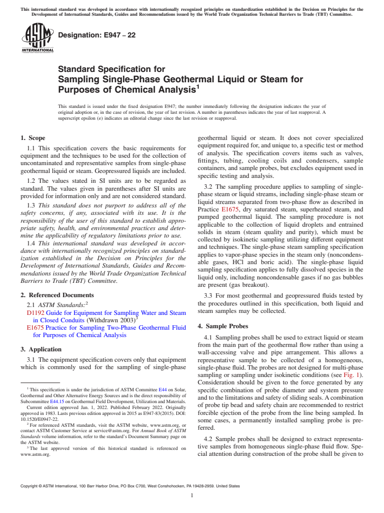 ASTM E947-22 - Standard Specification for  Sampling Single-Phase Geothermal Liquid or Steam for Purposes  of Chemical Analysis