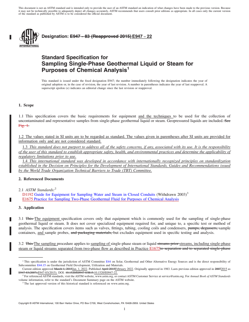 REDLINE ASTM E947-22 - Standard Specification for  Sampling Single-Phase Geothermal Liquid or Steam for Purposes  of Chemical Analysis