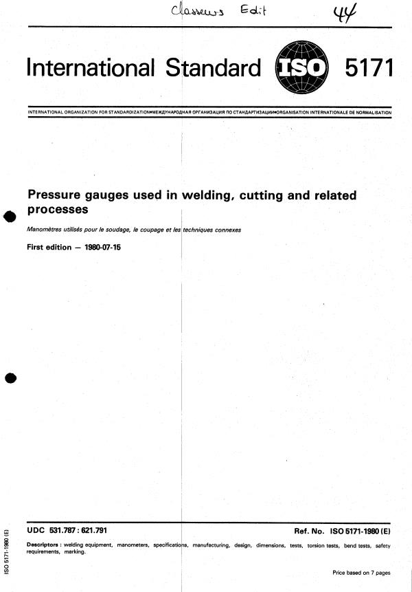 ISO 5171:1980 - Pressure gauges used in welding, cutting and related processes