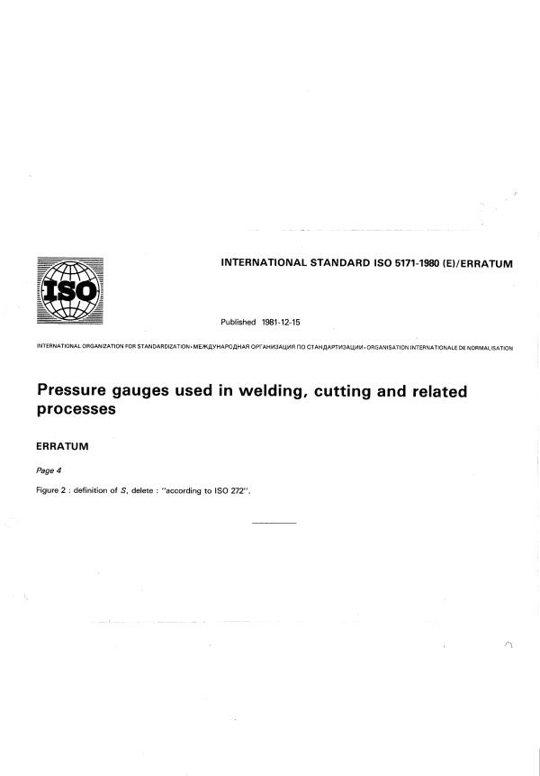 ISO 5171:1980 - Pressure gauges used in welding, cutting and related processes