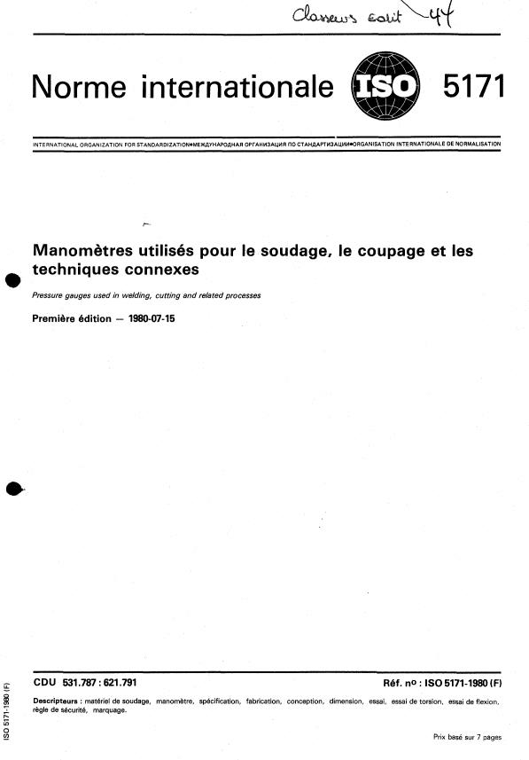 ISO 5171:1980 - Manometres utilisés pour le soudage, le coupage et les techniques connexes