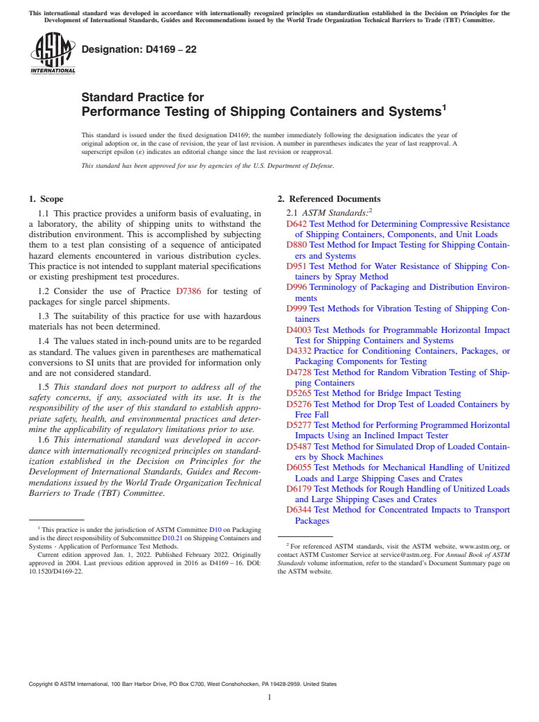 ASTM D4169-22 - Standard Practice for Performance Testing of Shipping Containers and Systems