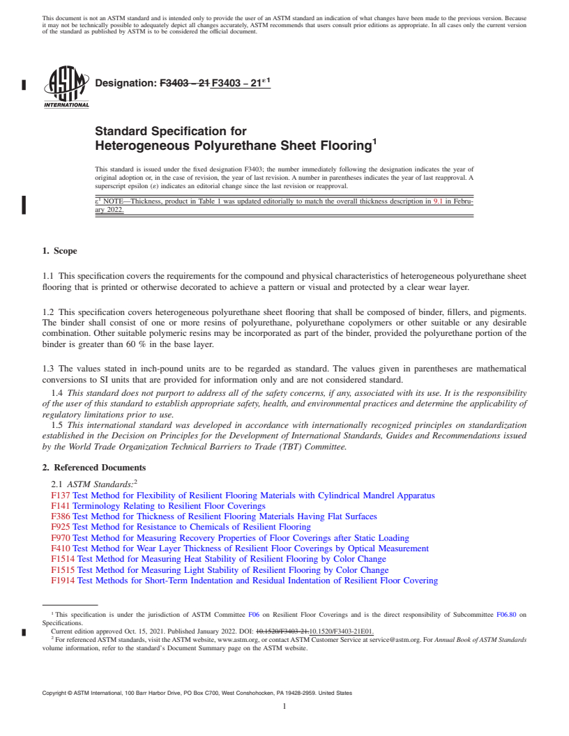 REDLINE ASTM F3403-21e1 - Standard Specification for Heterogeneous Polyurethane Sheet Flooring
