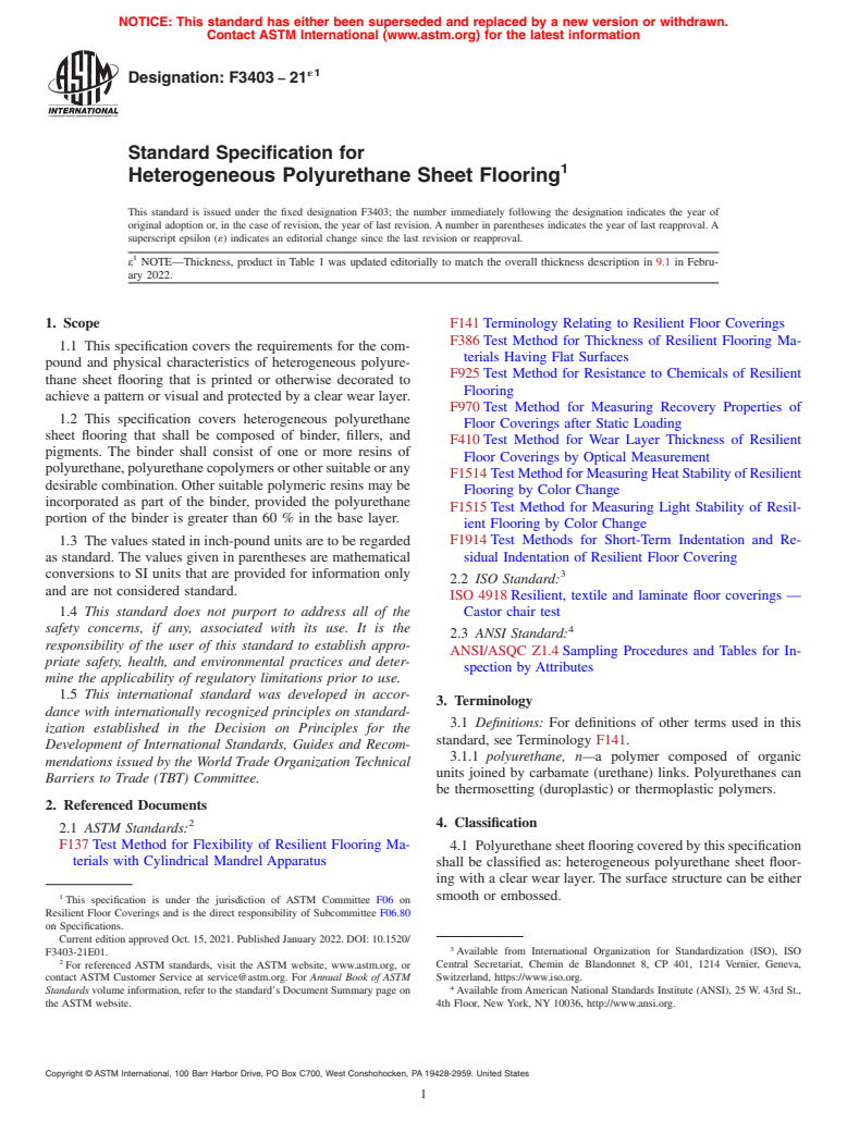 ASTM F3403-21e1 - Standard Specification for Heterogeneous Polyurethane Sheet Flooring