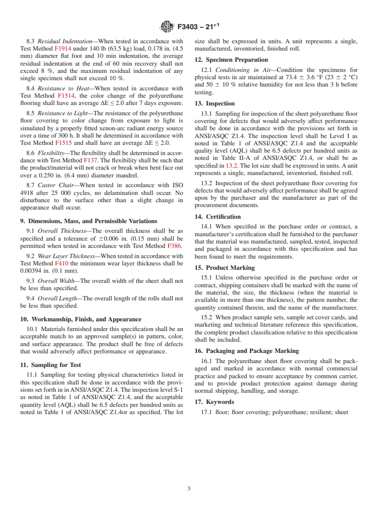 ASTM F3403-21e1 - Standard Specification for Heterogeneous Polyurethane Sheet Flooring