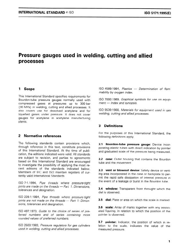 ISO 5171:1995 - Pressure gauges used in welding, cutting and allied processes