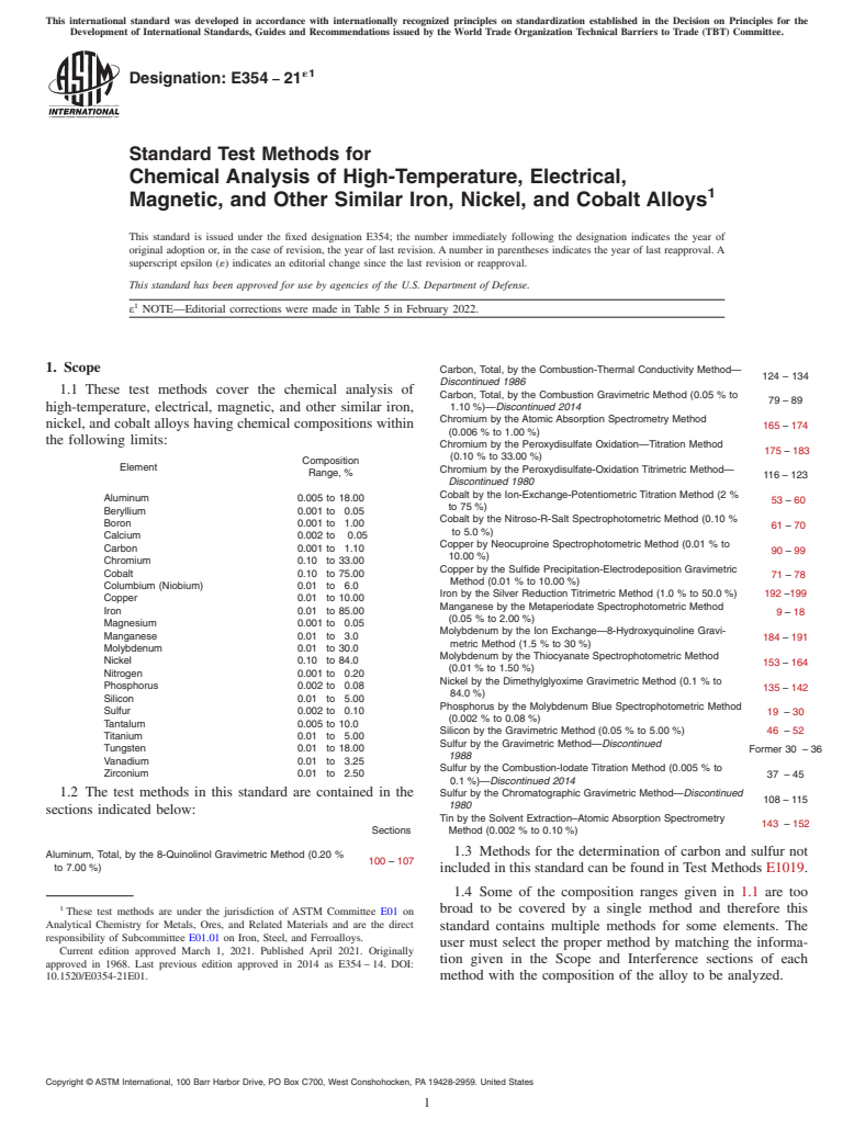 ASTM E354-21e1 - Standard Test Methods for Chemical Analysis of High-Temperature, Electrical, Magnetic,  and Other Similar Iron, Nickel, and Cobalt Alloys