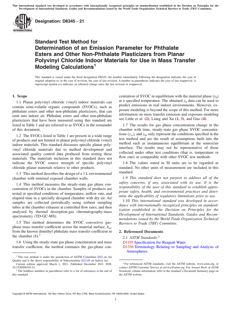ASTM D8345-21 - Standard Test Method for Determination of an Emission Parameter for Phthalate Esters  and Other Non-Phthalate Plasticizers from Planar Polyvinyl Chloride  Indoor Materials for Use in Mass Transfer Modeling Calculations