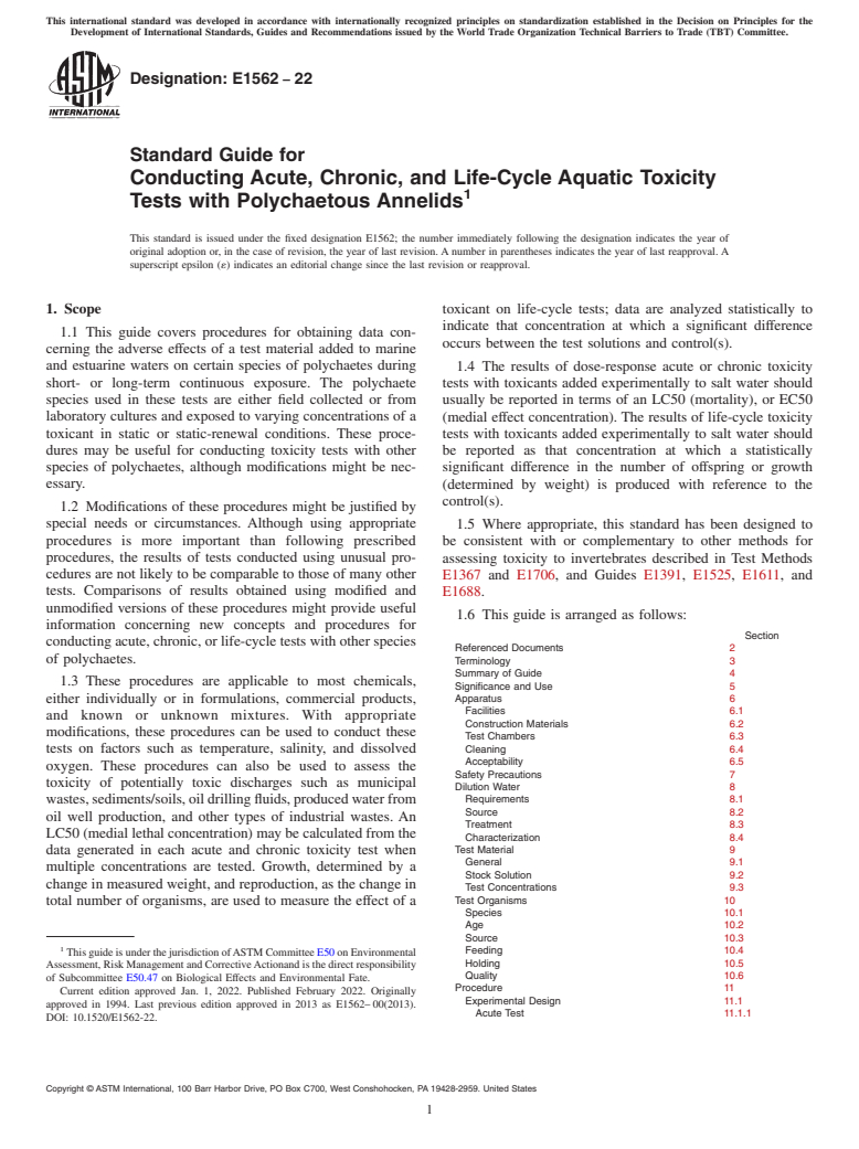 ASTM E1562-22 - Standard Guide for  Conducting Acute, Chronic, and Life-Cycle Aquatic Toxicity  Tests with Polychaetous Annelids