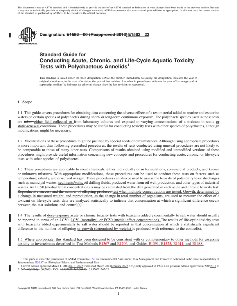 REDLINE ASTM E1562-22 - Standard Guide for  Conducting Acute, Chronic, and Life-Cycle Aquatic Toxicity  Tests with Polychaetous Annelids