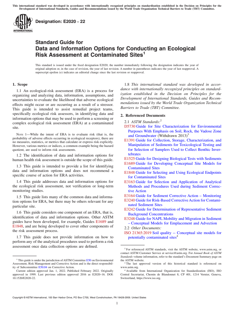 ASTM E2020-22 - Standard Guide for  Data and Information Options for Conducting an Ecological Risk  Assessment at Contaminated Sites