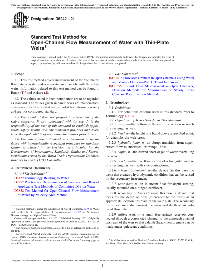 ASTM D5242-21 - Standard Test Method for  Open-Channel Flow Measurement of Water with Thin-Plate Weirs