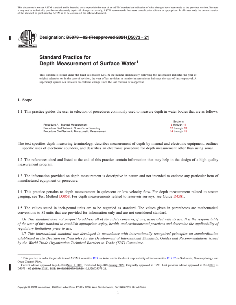 REDLINE ASTM D5073-21 - Standard Practice for  Depth Measurement of Surface Water