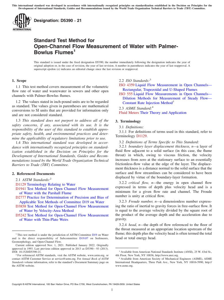 ASTM D5390-21 - Standard Test Method for  Open-Channel Flow Measurement of Water with Palmer-Bowlus Flumes