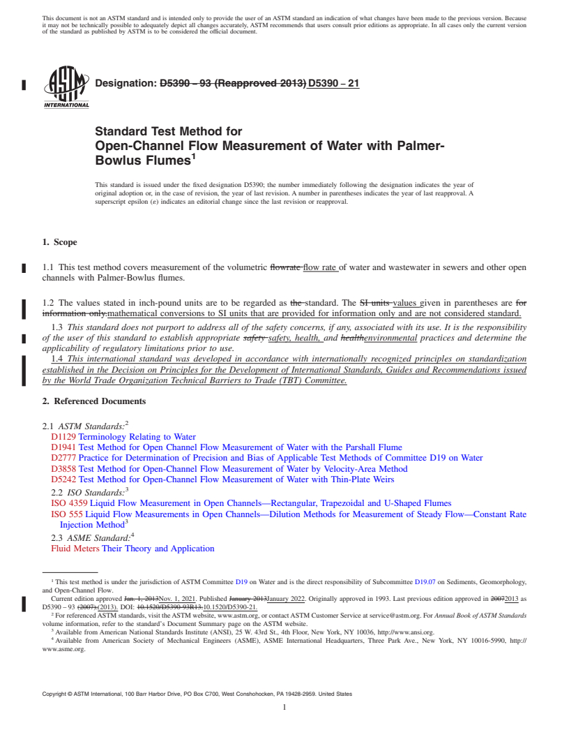 REDLINE ASTM D5390-21 - Standard Test Method for  Open-Channel Flow Measurement of Water with Palmer-Bowlus Flumes