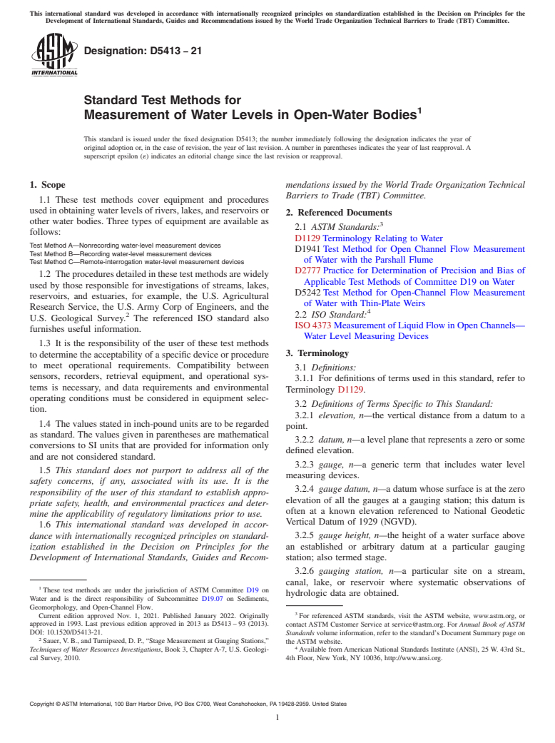 ASTM D5413-21 - Standard Test Methods for  Measurement of Water Levels in Open-Water Bodies