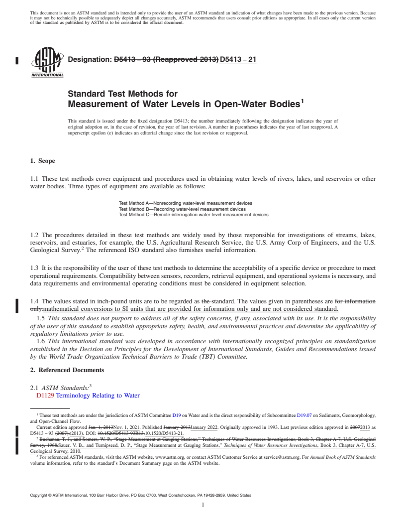 REDLINE ASTM D5413-21 - Standard Test Methods for  Measurement of Water Levels in Open-Water Bodies