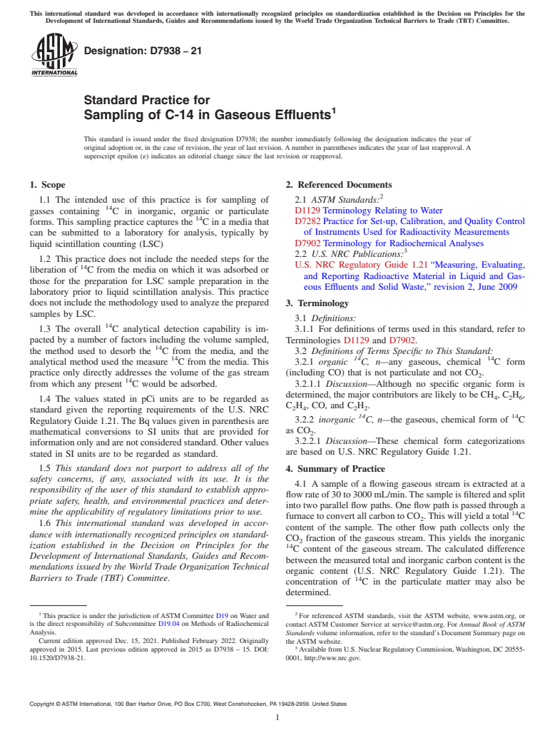 ASTM D7938-21 - Standard Practice for Sampling of C-14 in Gaseous Effluents