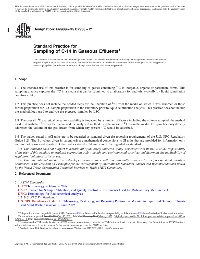 REDLINE ASTM D7938-21 - Standard Practice for Sampling of C-14 in Gaseous Effluents