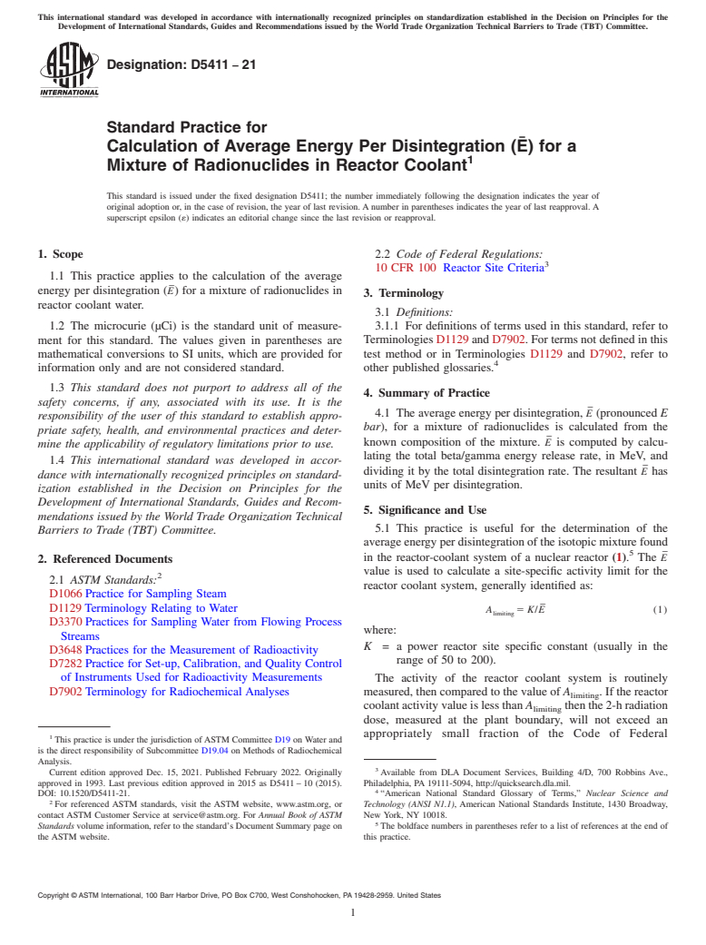 ASTM D5411-21 - Standard Practice for  Calculation of Average Energy Per Disintegration (<acb><base  vertadj="0">E</base><ac>–</ac></acb>)  for a Mixture of Radionuclides  in Reactor Coolant