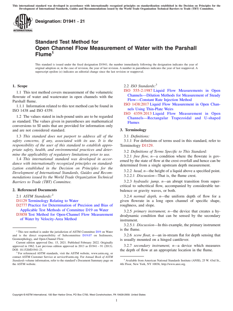 ASTM D1941-21 - Standard Test Method for  Open Channel Flow Measurement of Water with the Parshall Flume