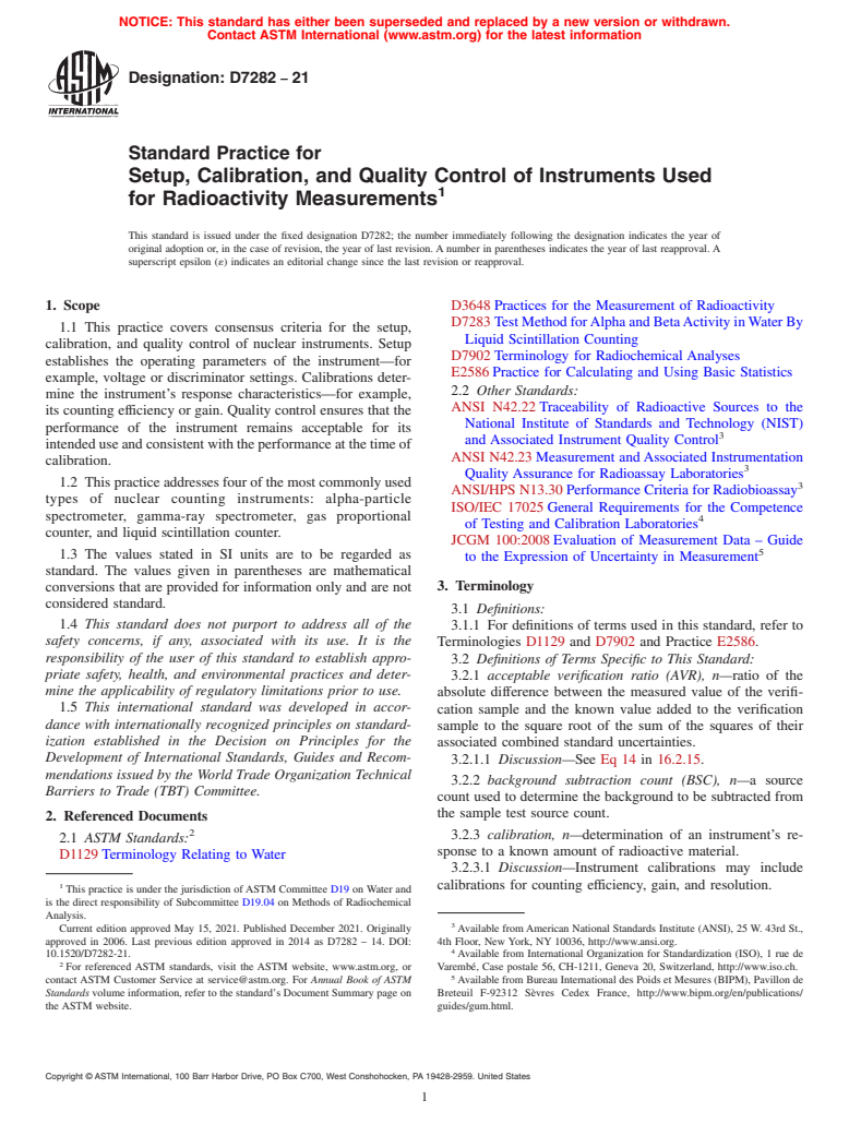 ASTM D7282-21 - Standard Practice for Setup, Calibration, and Quality Control of Instruments Used  for Radioactivity Measurements