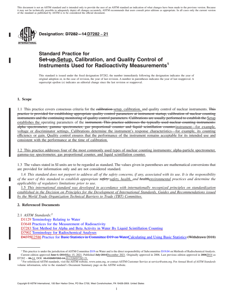 REDLINE ASTM D7282-21 - Standard Practice for Setup, Calibration, and Quality Control of Instruments Used  for Radioactivity Measurements