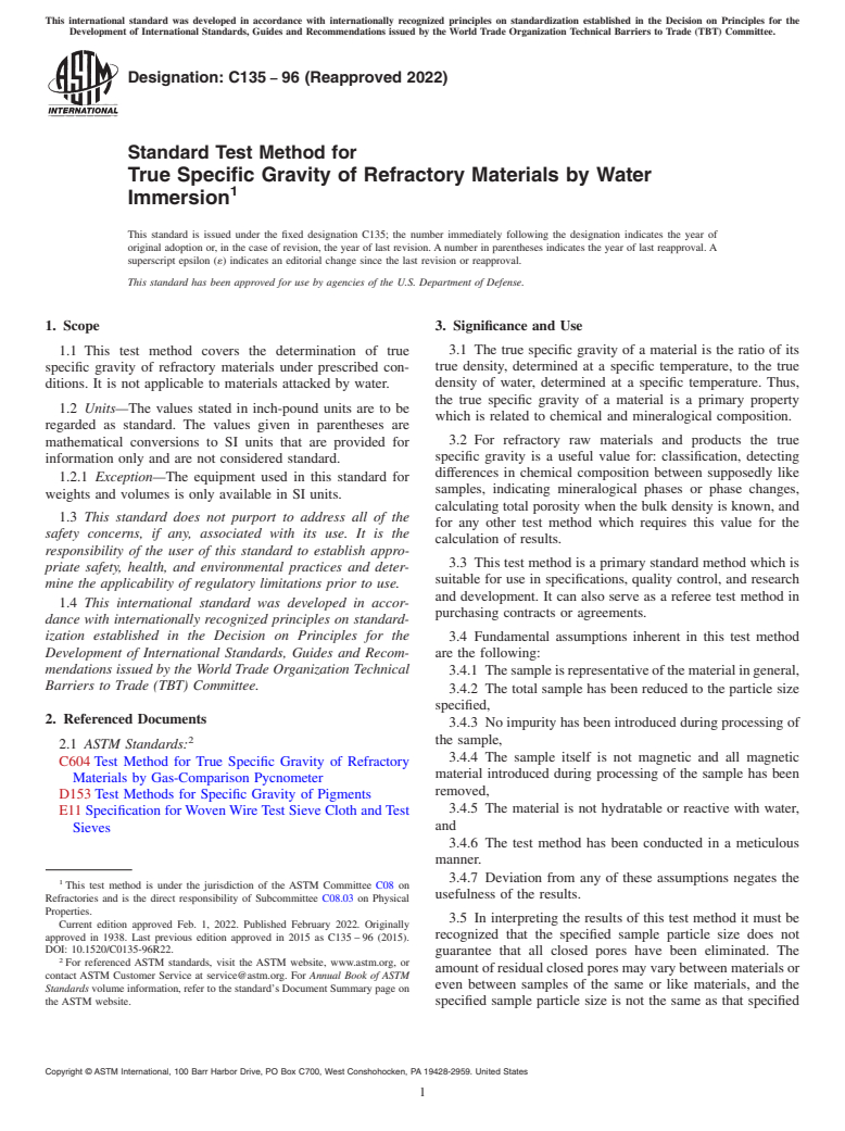 ASTM C135-96(2022) - Standard Test Method for True Specific Gravity of Refractory Materials by Water Immersion