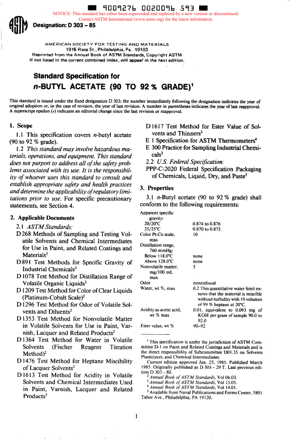 ASTM D303-85 - Specification for N-Butyl Acetate (90 TO 92% Grade) (Withdrawn 1986)