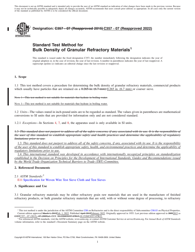 REDLINE ASTM C357-07(2022) - Standard Test Method for Bulk Density of Granular Refractory Materials