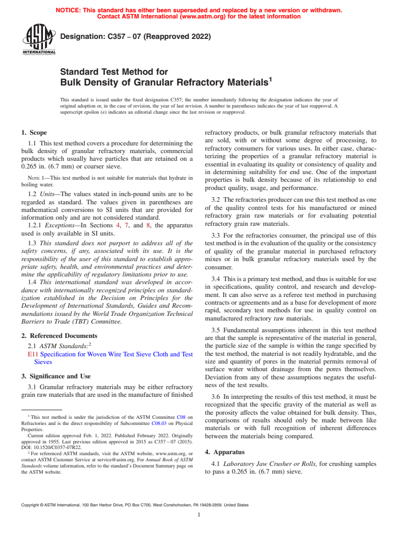 ASTM C357-07(2022) - Standard Test Method for Bulk Density of Granular Refractory Materials