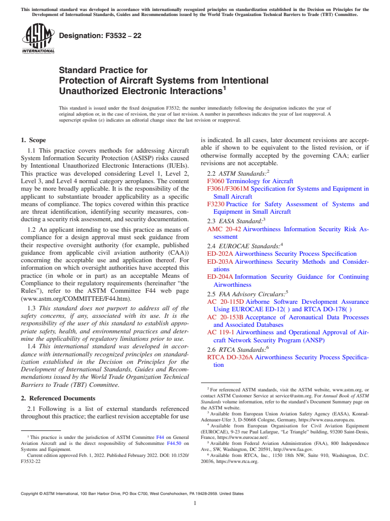 ASTM F3532-22 - Standard Practice for Protection of Aircraft Systems from Intentional Unauthorized  Electronic Interactions