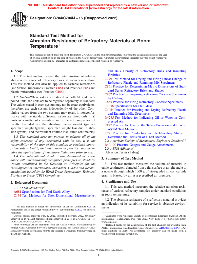 ASTM C704/C704M-15(2022) - Standard Test Method for Abrasion Resistance of Refractory Materials at Room Temperature