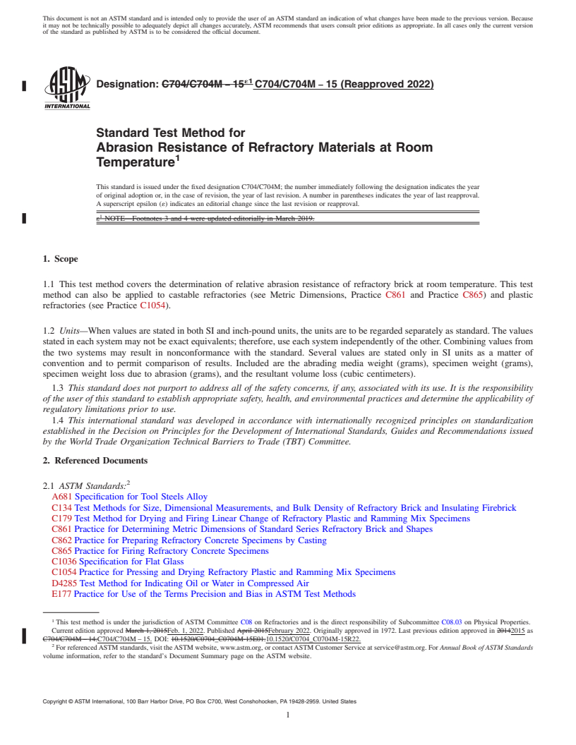 REDLINE ASTM C704/C704M-15(2022) - Standard Test Method for Abrasion Resistance of Refractory Materials at Room Temperature