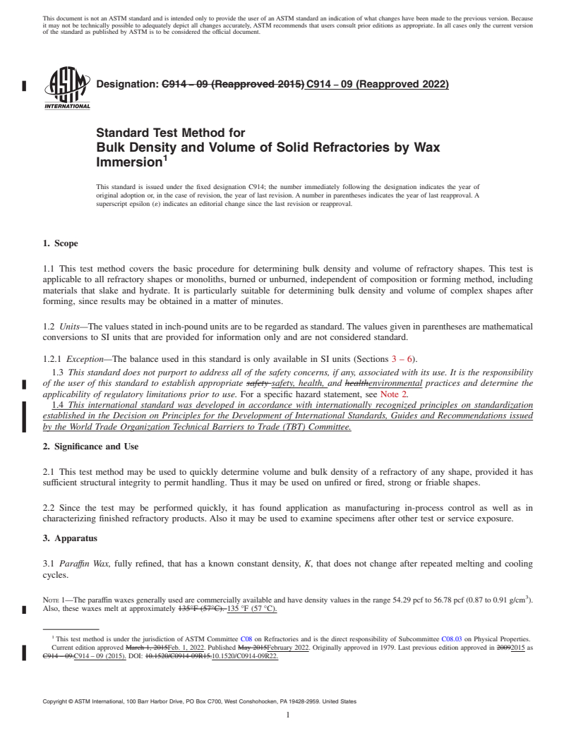 REDLINE ASTM C914-09(2022) - Standard Test Method for Bulk Density and Volume of Solid Refractories by Wax Immersion