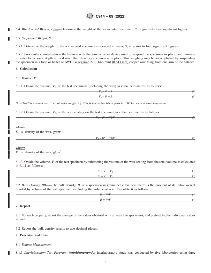 REDLINE ASTM C914-09(2022) - Standard Test Method for Bulk Density and Volume of Solid Refractories by Wax Immersion