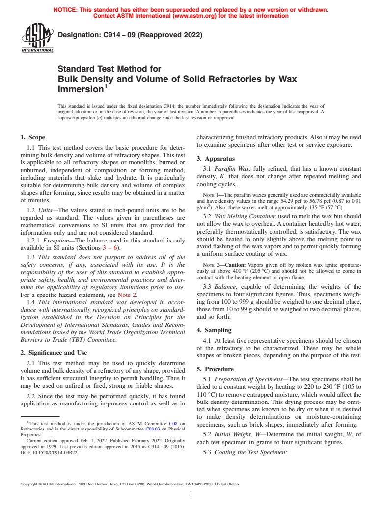 ASTM C914-09(2022) - Standard Test Method for Bulk Density and Volume of Solid Refractories by Wax Immersion