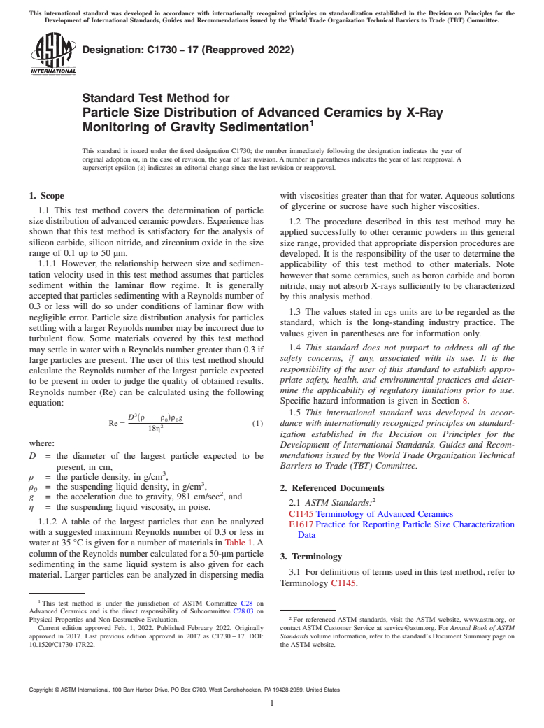 ASTM C1730-17(2022) - Standard Test Method for Particle Size Distribution of Advanced Ceramics by X-Ray Monitoring  of Gravity Sedimentation