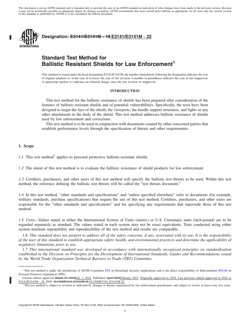 REDLINE ASTM E3141/E3141M-22 - Standard Test Method for Ballistic Resistant Shields for Law Enforcement