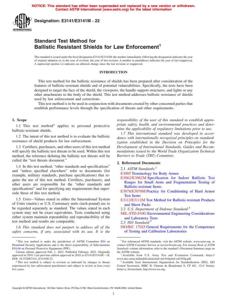 ASTM E3141/E3141M-22 - Standard Test Method for Ballistic Resistant Shields for Law Enforcement