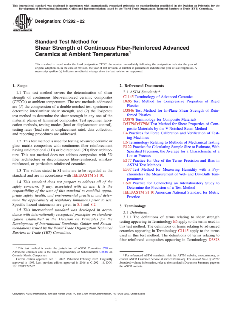 ASTM C1292-22 - Standard Test Method for Shear Strength of Continuous Fiber-Reinforced Advanced Ceramics   at Ambient Temperatures