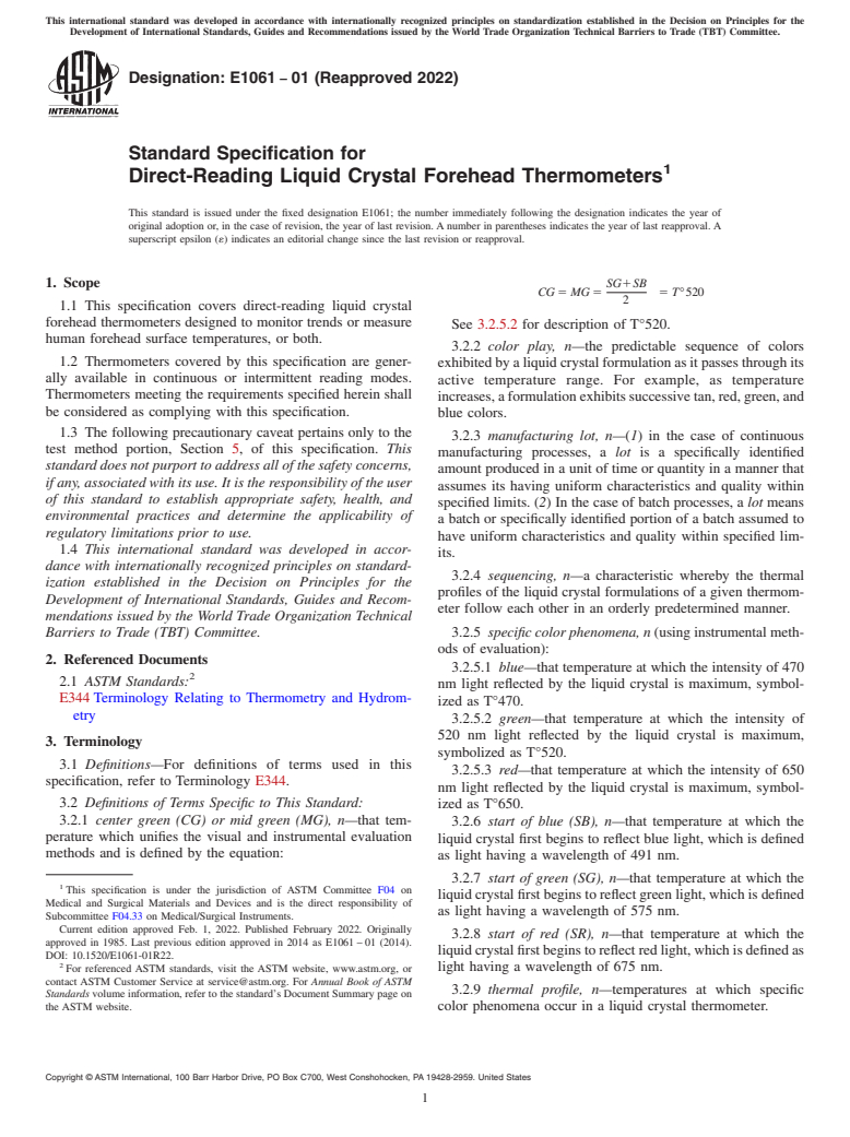 ASTM E1061-01(2022) - Standard Specification for Direct-Reading Liquid Crystal Forehead Thermometers