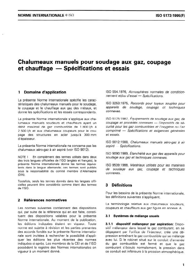 ISO 5172:1995 - Chalumeaux manuels pour soudage aux gaz, coupage et chauffage -- Spécifications et essais