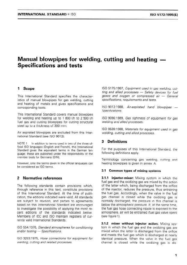 ISO 5172:1995 - Manual blowpipes for welding, cutting and heating -- Specifications and tests