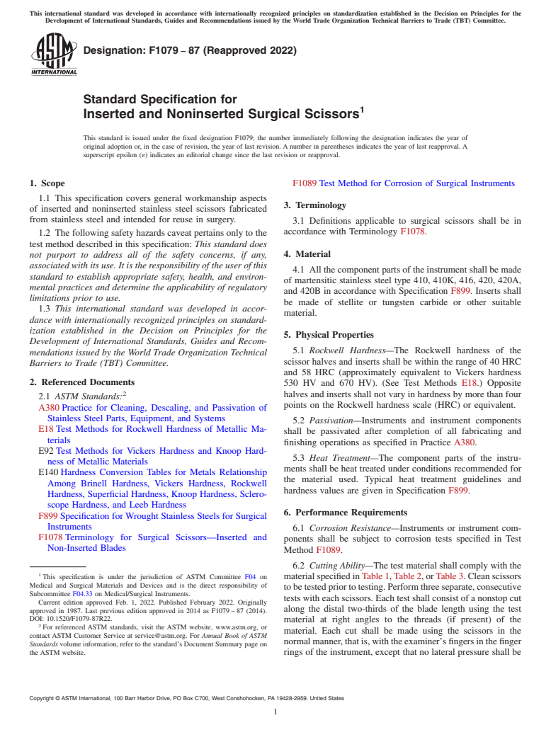 ASTM F1079-87(2022) - Standard Specification for Inserted and Noninserted Surgical Scissors