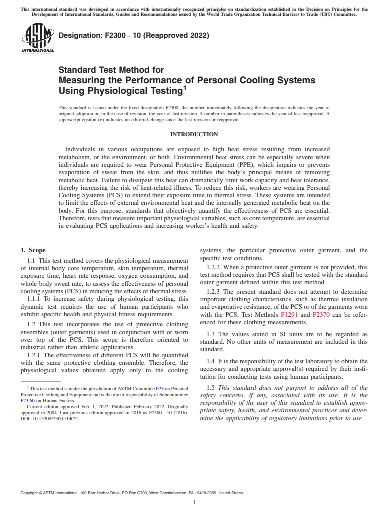 ASTM F2300-10(2022) - Standard Test Method for Measuring the Performance of Personal Cooling Systems Using  Physiological Testing