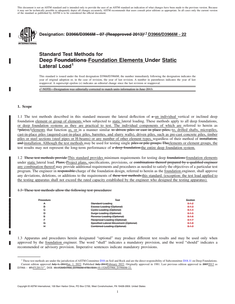 REDLINE ASTM D3966/D3966M-22 - Standard Test Methods for  Deep Foundation Elements Under Static Lateral Load