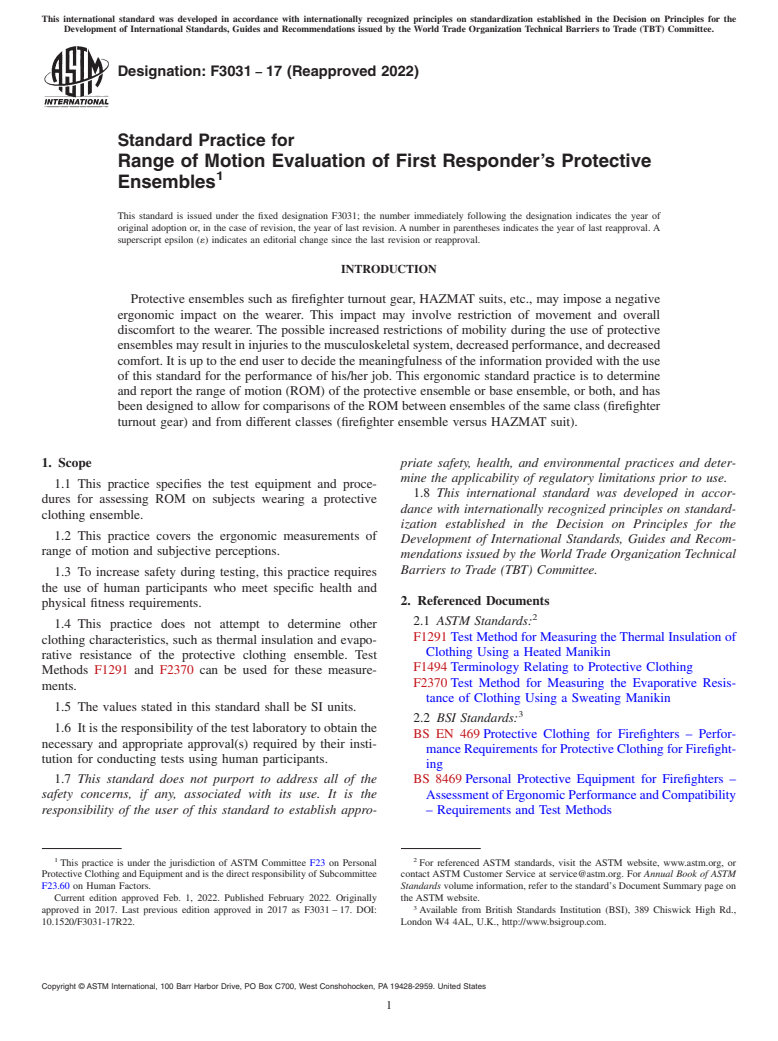 ASTM F3031-17(2022) - Standard Practice for Range of Motion Evaluation of First Responder’s Protective  Ensembles