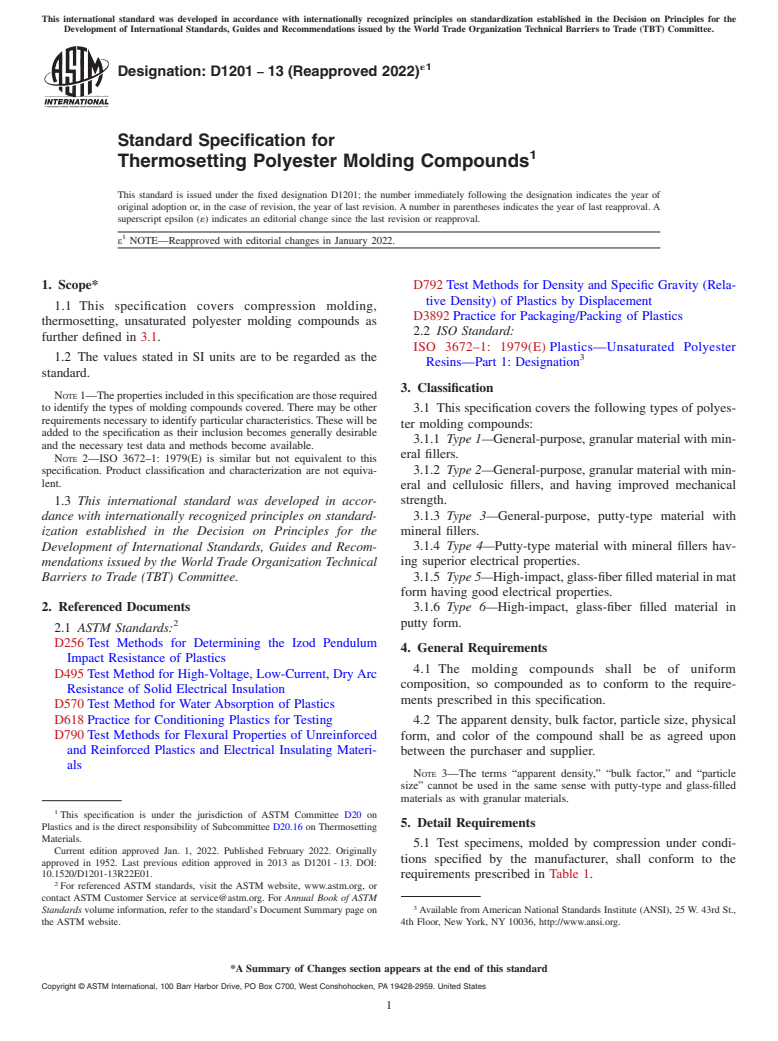 ASTM D1201-13(2022)e1 - Standard Specification for  Thermosetting Polyester Molding Compounds